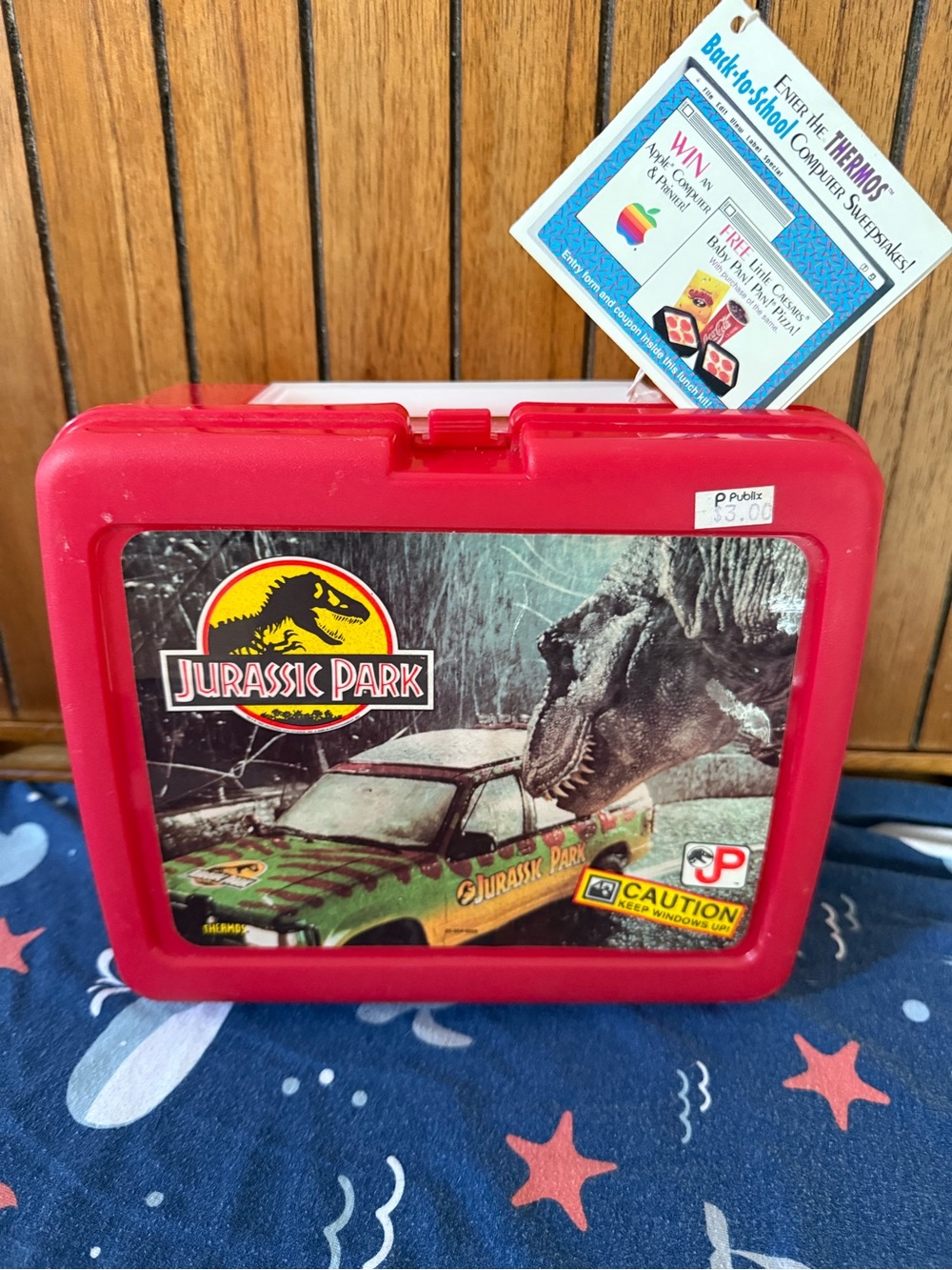 1993 Thermos Red Jurassic Park Kids Lunchbox with Dino Graphic